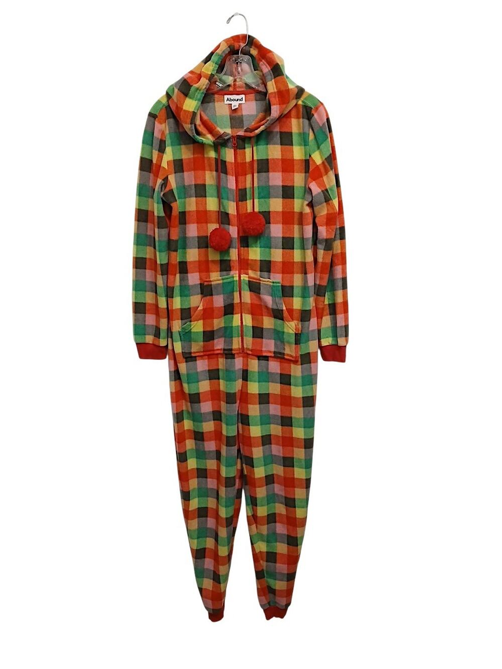 Colorful Plaid One Piece Pjs Jumpsuit M Fleece Hood Clown Halloween Home Comfort